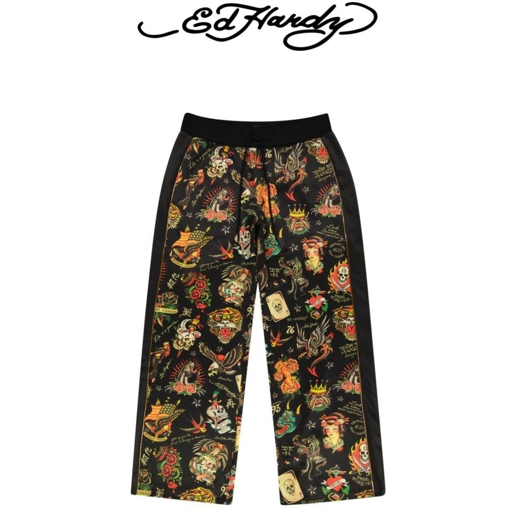 NEW Ed Hardy Flashboard Track Pants Black Gold Embroidered Women's Size L Skull